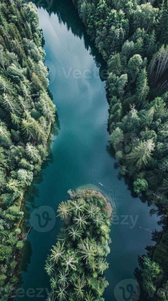 A river winds through dense, green trees photo