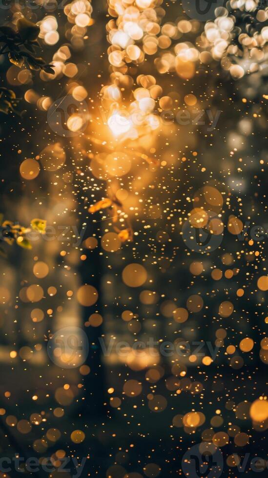 Sun shines through leaves, creating golden bokeh photo