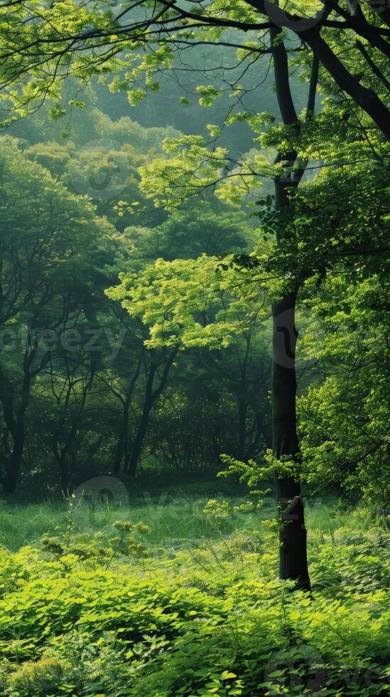 Lush greenery fills a forest clearing, bathed in the soft glow of early morning sunlight photo