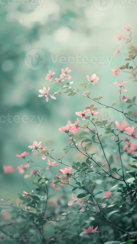 Soft pink flowers on thin branches, petals soft in mist photo