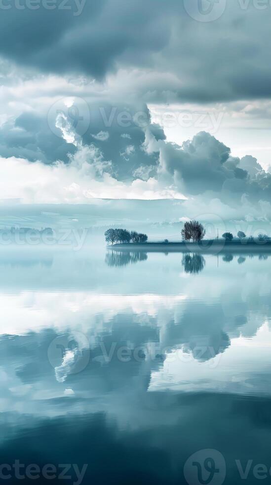 Misty lake with a small island and reflection of clouds photo