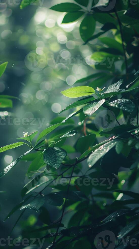 Closeup view of vibrant green leaves with sunlight filtering through photo