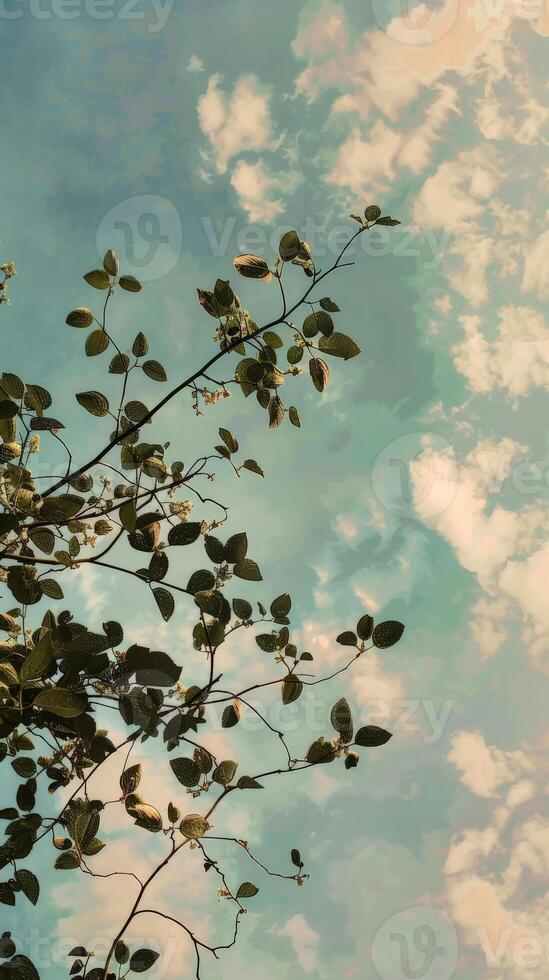 A tree branch with green leaves against a blue sky with white clouds photo