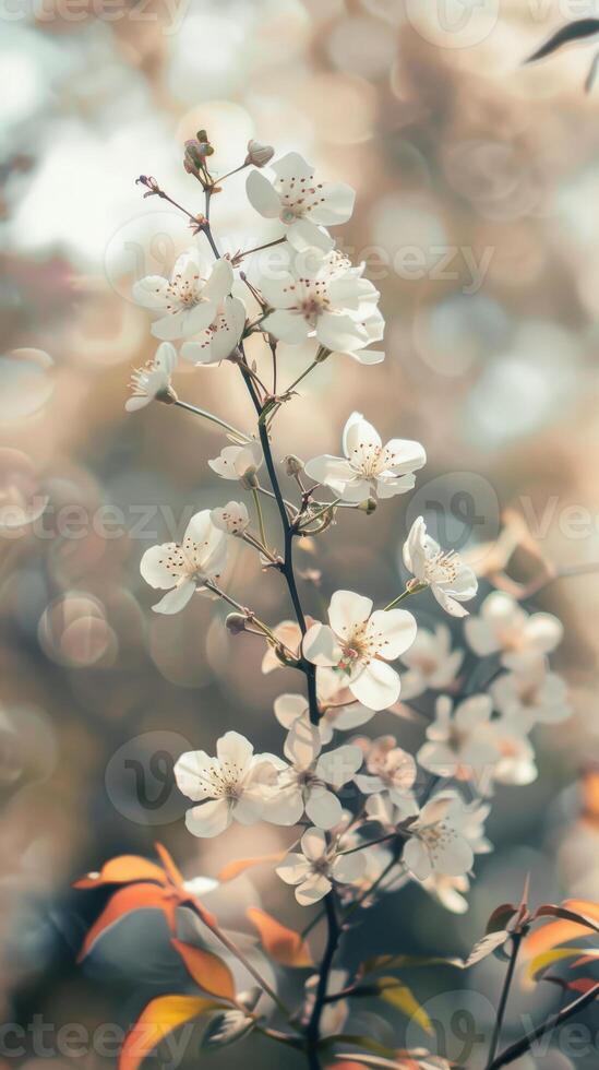 White flowers bloom against a soft, blurred background photo