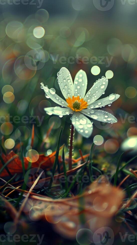 White wildflower with dew drops, greenery and bokeh photo