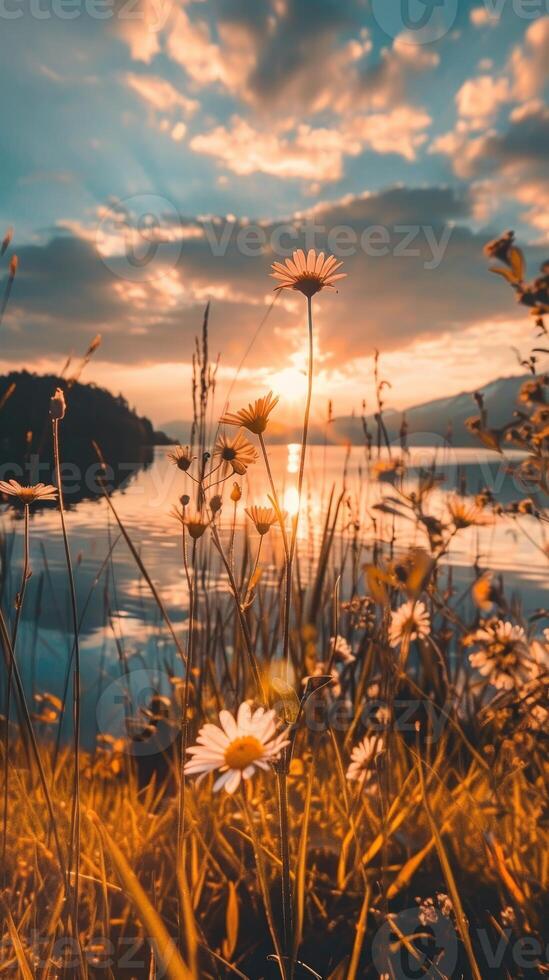 Daisies sway in the breeze as the sun sets over a tranquil lake photo