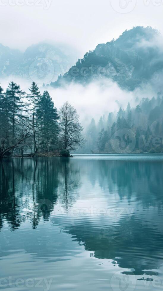 Misty morning over a still lake with forested mountain backdrop photo
