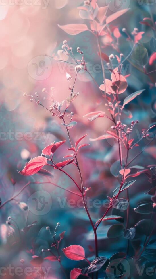 Soft pink leaves and flowers in a misty forest photo