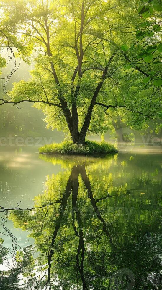 A tree on a small island reflects perfectly in still water photo