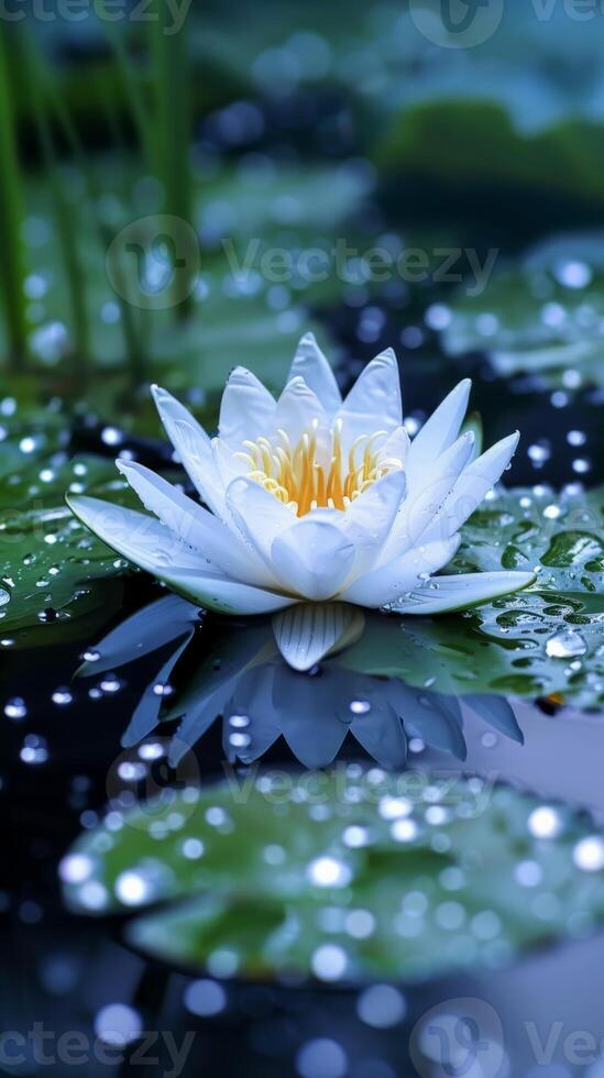 White water lily with yellow center in a pond after a rain shower photo