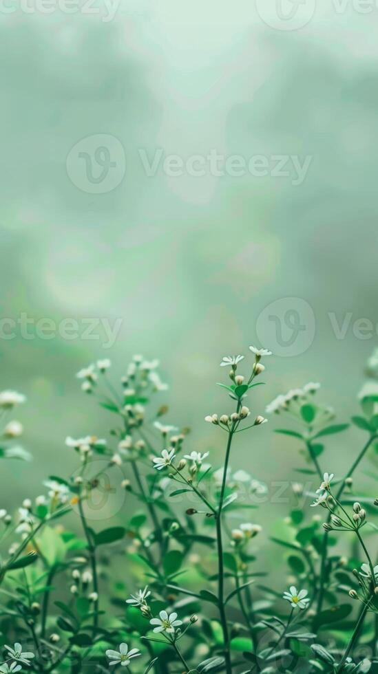 White flowers bloom in a field of green photo