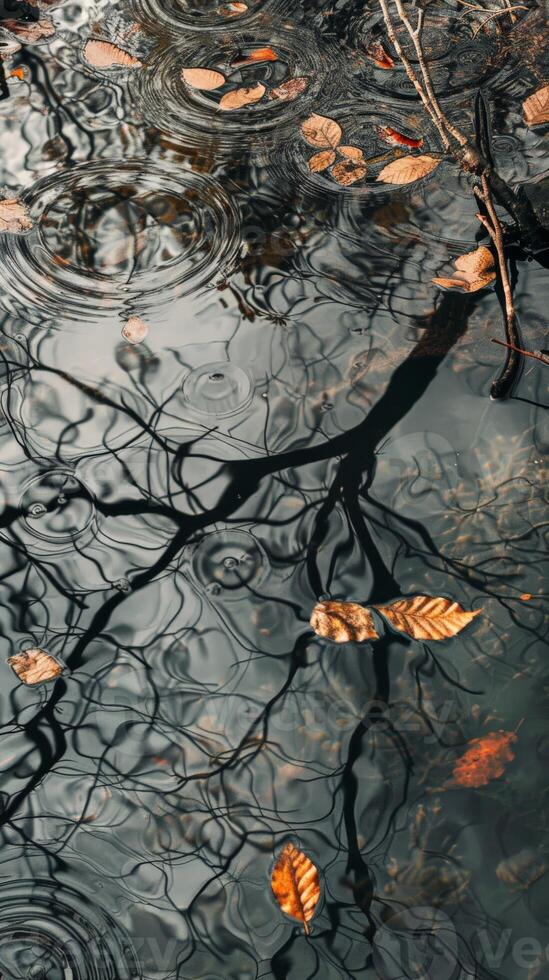 Autumn leaves drift on a still pond photo