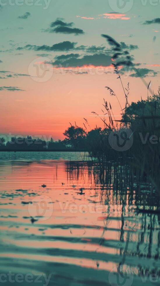 A tranquil scene of a sunset reflecting in a calm body of water photo