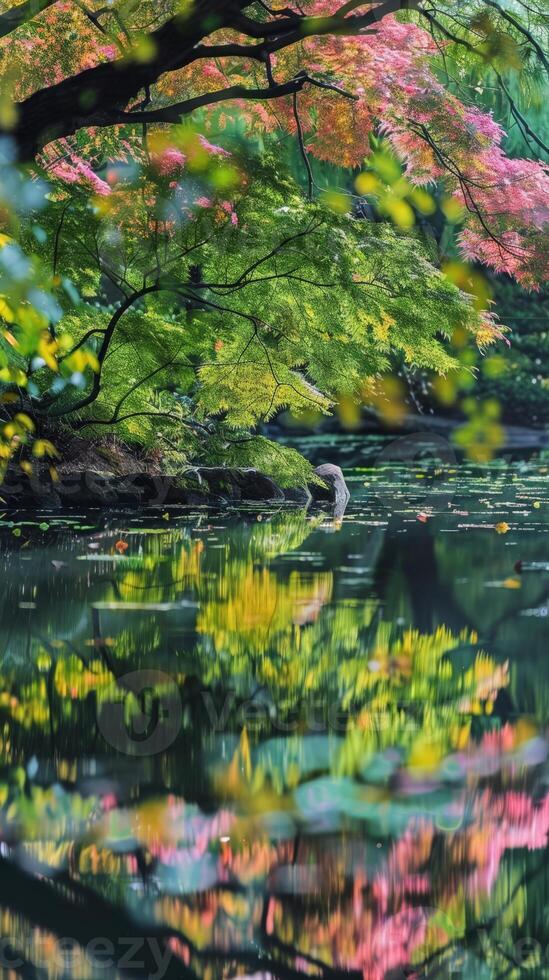 A quiet pond reflects the vibrant colors of autumn leaves photo