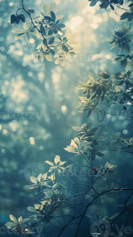Sunbeams illuminating foliage in a misty forest photo