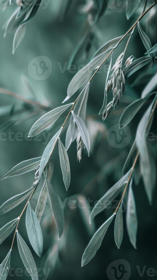 Closeup view of leaves on a branch with a blurred background photo