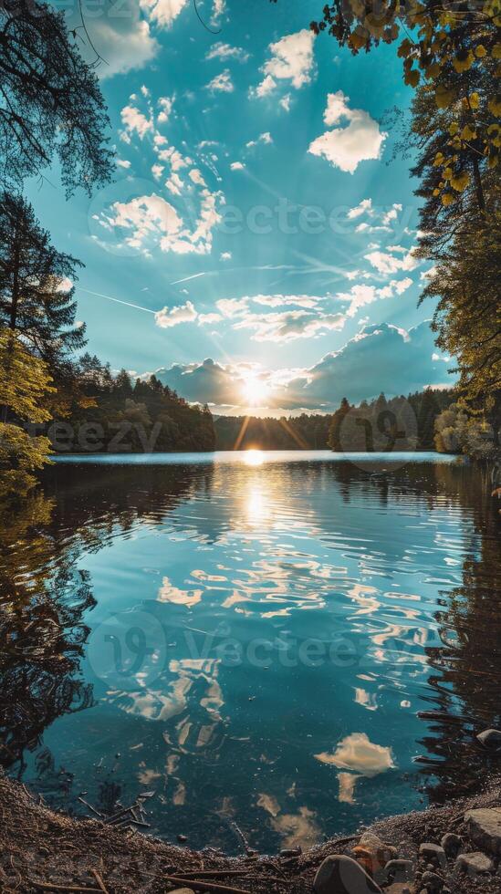 Sunset over a calm forest lake with trees reflected in the water photo