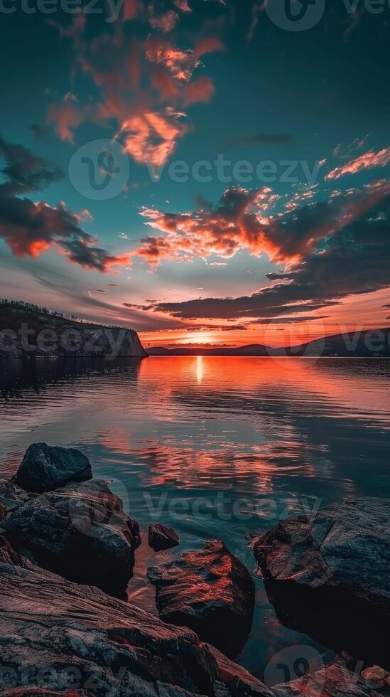 Sunset reflects on the calm water, with rocks in the foreground photo