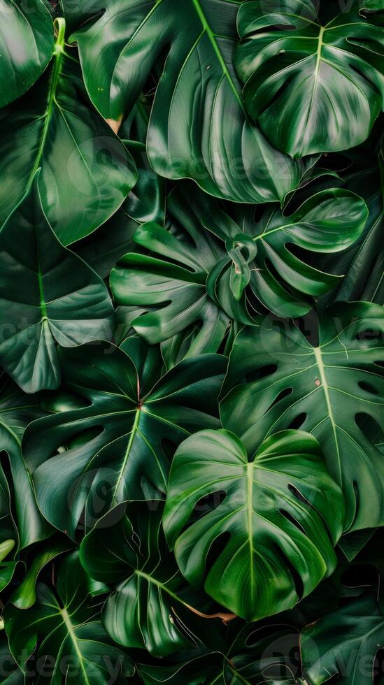Large, deep green monstera leaves fill the frame, creating a lush and tropical feel photo
