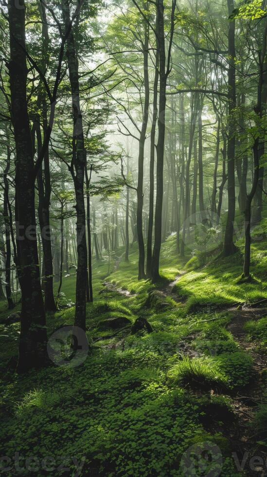 Sunlight filters through the trees, illuminating a mossy forest floor photo
