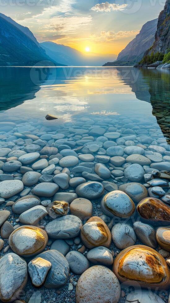 Clear water reflecting mountain peaks at sunrise photo