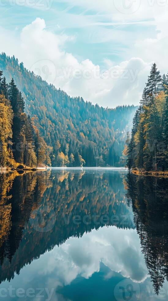 Peaceful lake reflecting a forested mountain range photo