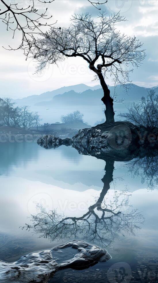 A lone tree stands on a rocky island, its branches mirroring in the still water photo