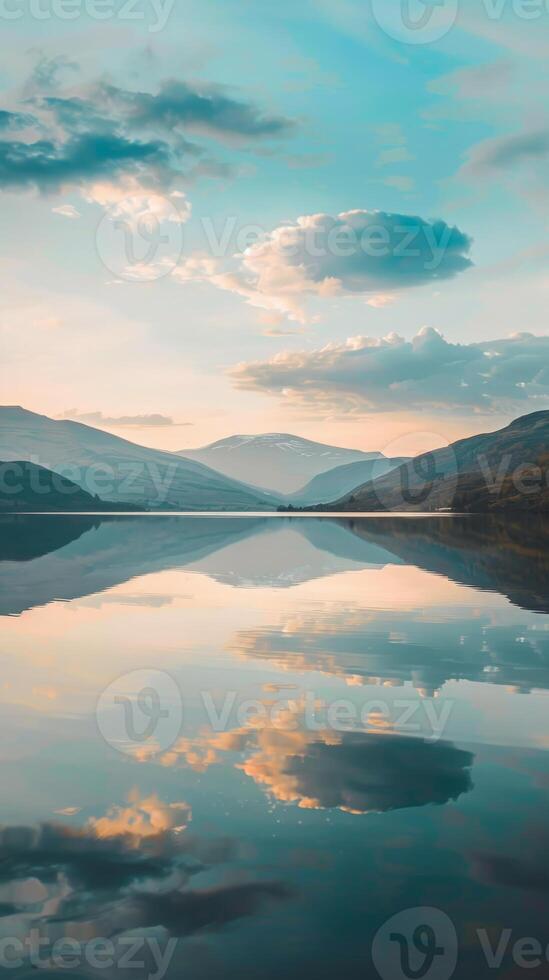 Tranquil mountain lake with a clear sky and clouds reflecting on its surface photo