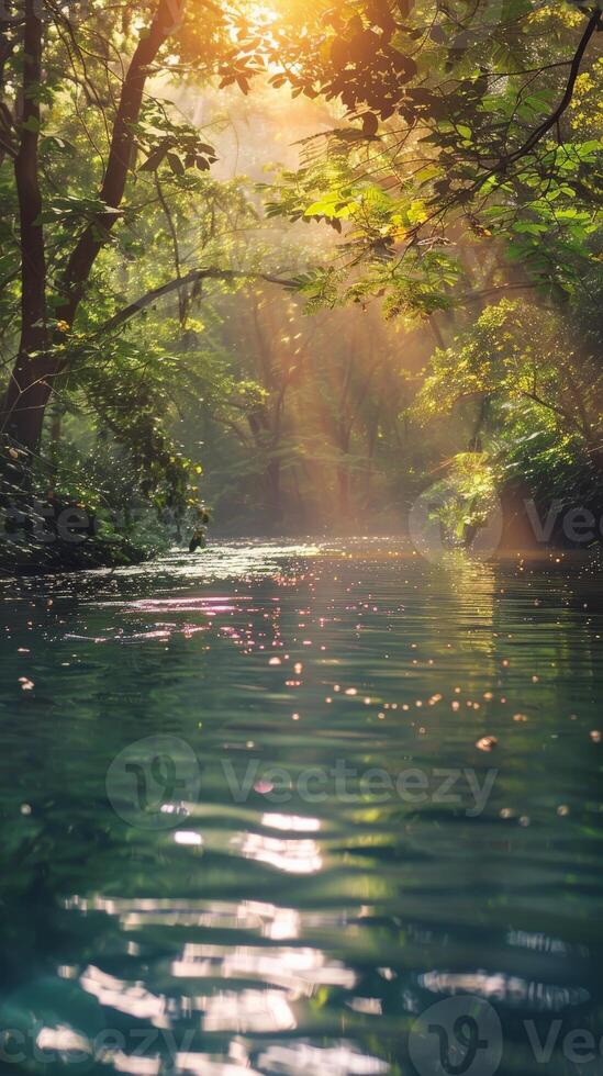 Sunlight shines through trees onto a river in a lush forest photo