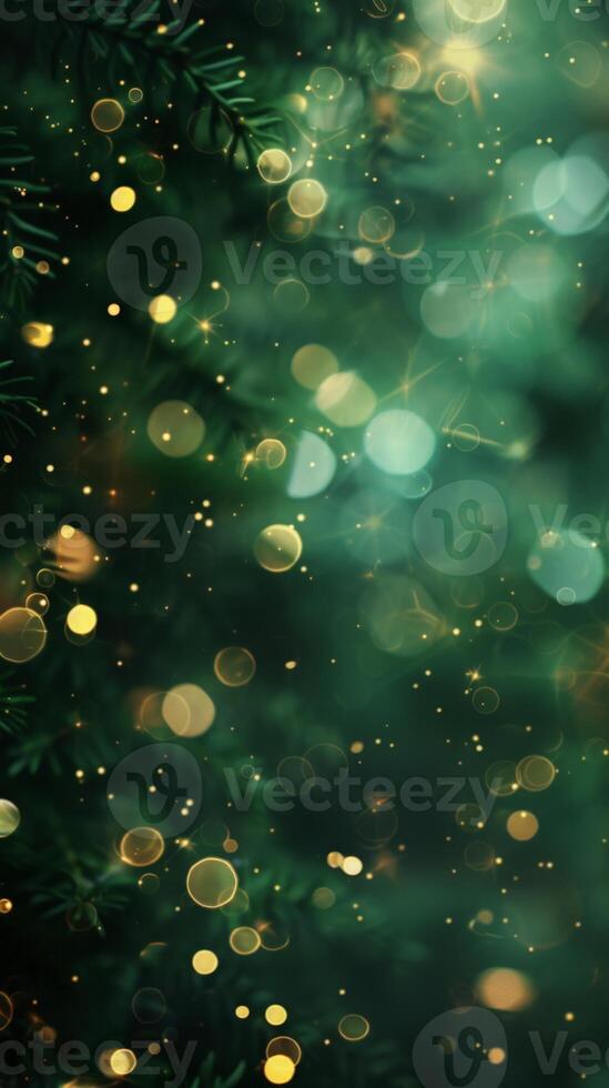 Abstract bokeh with golden lights in a green forest photo