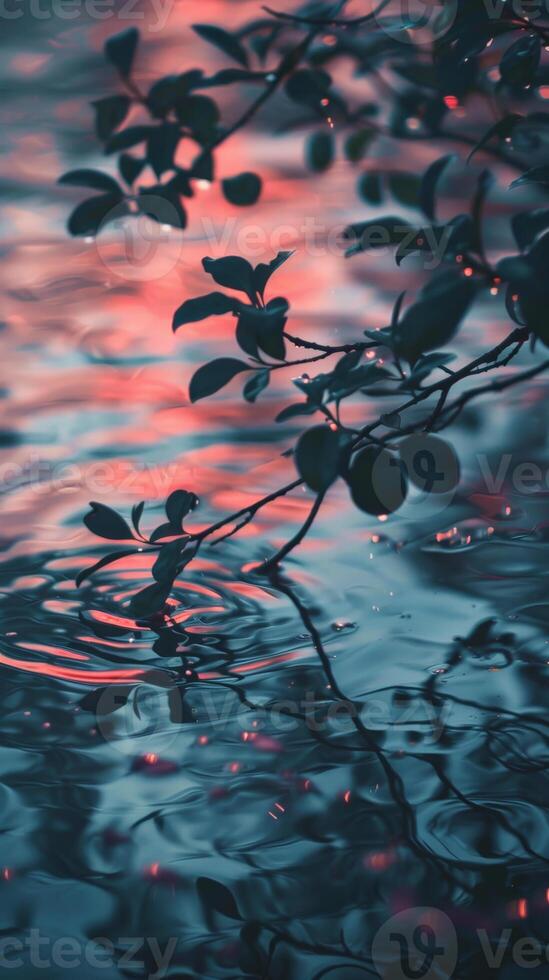 Silhouettes of tree branches mirrored in tranquil water at sunset photo