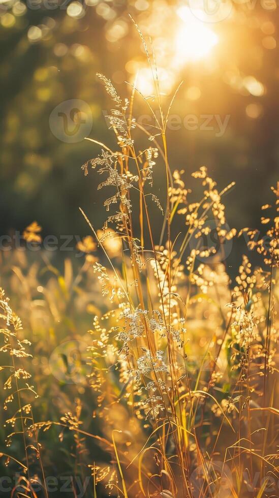 Sunlit field of grass with a warm glow photo