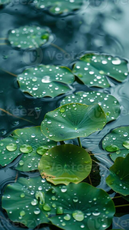 Green leaves with raindrops resting on their surface photo