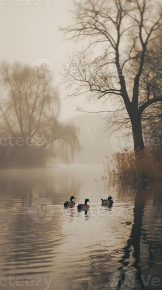 Ducks swim calmly on a still lake, surrounded by fog and trees photo