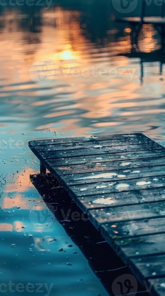 A wooden dock juts out into a still lake at sunset photo