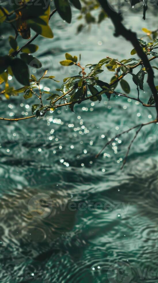 Green leaves cascade over the surface of a shimmering stream photo
