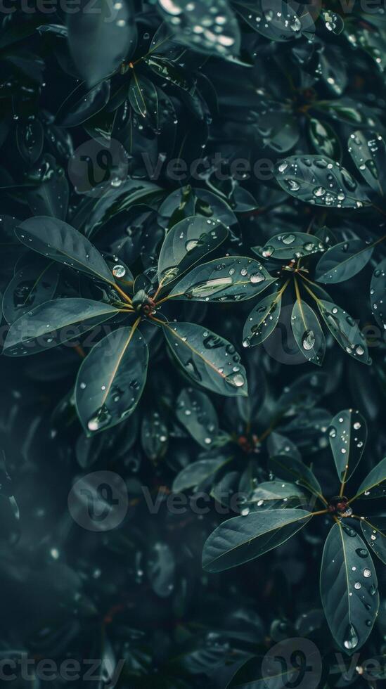 Close-up of lush green leaves with raindrops photo