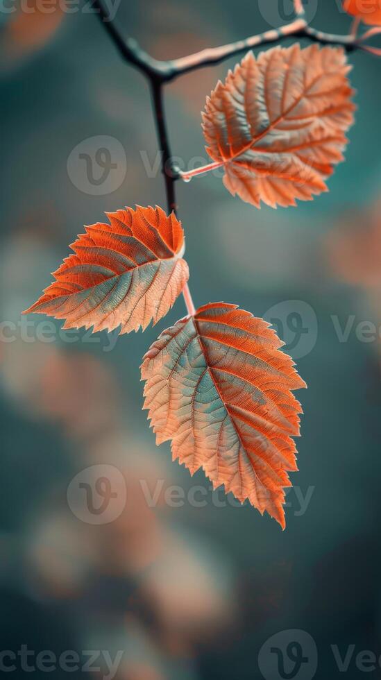 Three leaves turn orange and red in the gentle light of autumn photo
