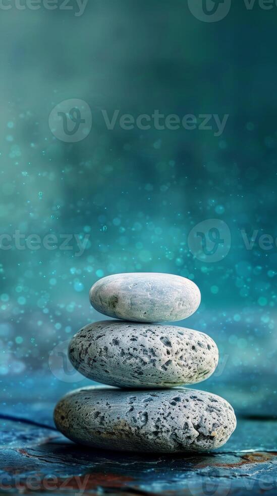 Stack of smooth stones against a blue, green, and white background photo