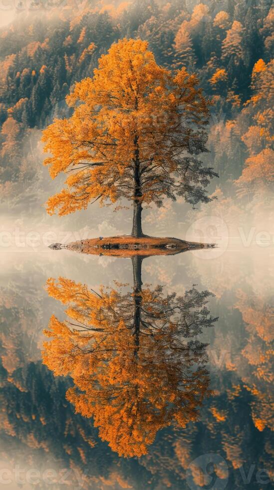 A solitary tree with golden leaves stands in a still lake, creating a perfect reflection photo