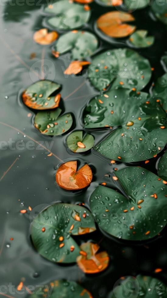 Green lily pads float on water, glistening with raindrops photo