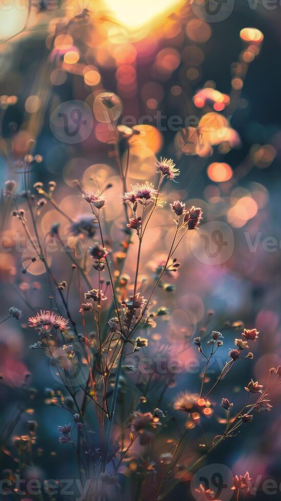 Sunlit wildflowers in a field during the golden hour photo