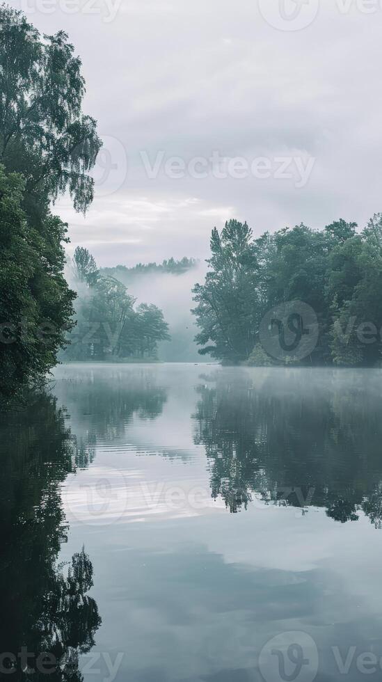 Misty morning with reflection of trees on the water photo