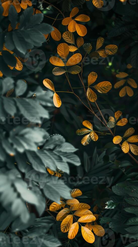 A single branch of golden leaves peeks through a dense background of dark green leaves photo