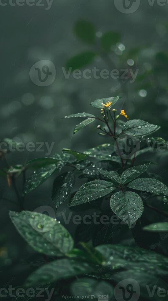 Yellow flower stands out in lush, wet foliage photo