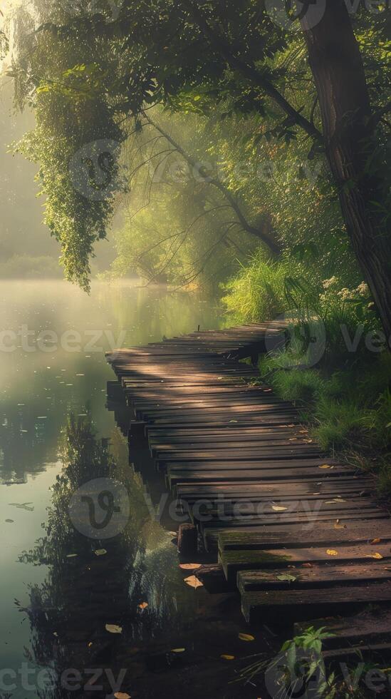 A wooden path winds through a misty forest, leading to an unknown destination photo