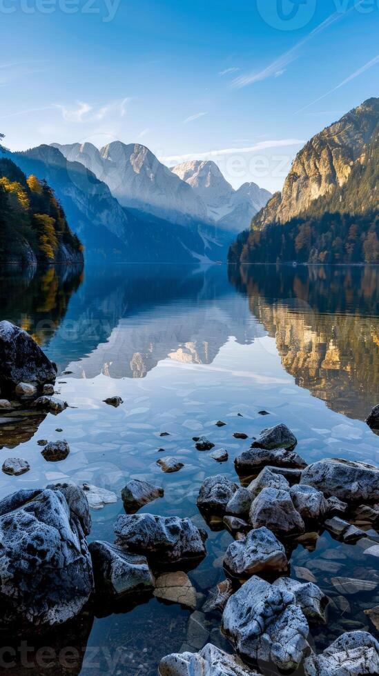 Mountain lake reflecting the early morning sky photo