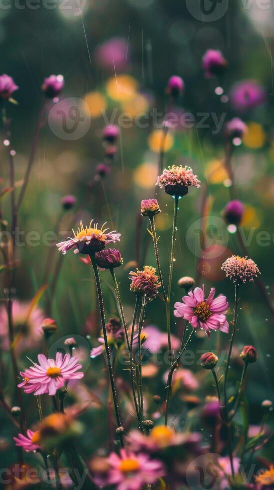 Pink flowers bloom in a soft rain shower photo