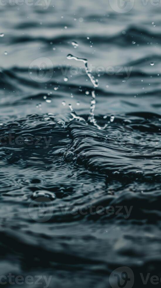 Closeup of a water droplet splashing on a dark blue water surface photo