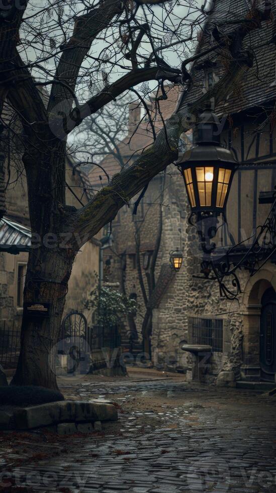 A tree stands tall in the center, with gas lamps illuminating a cobblestone street photo